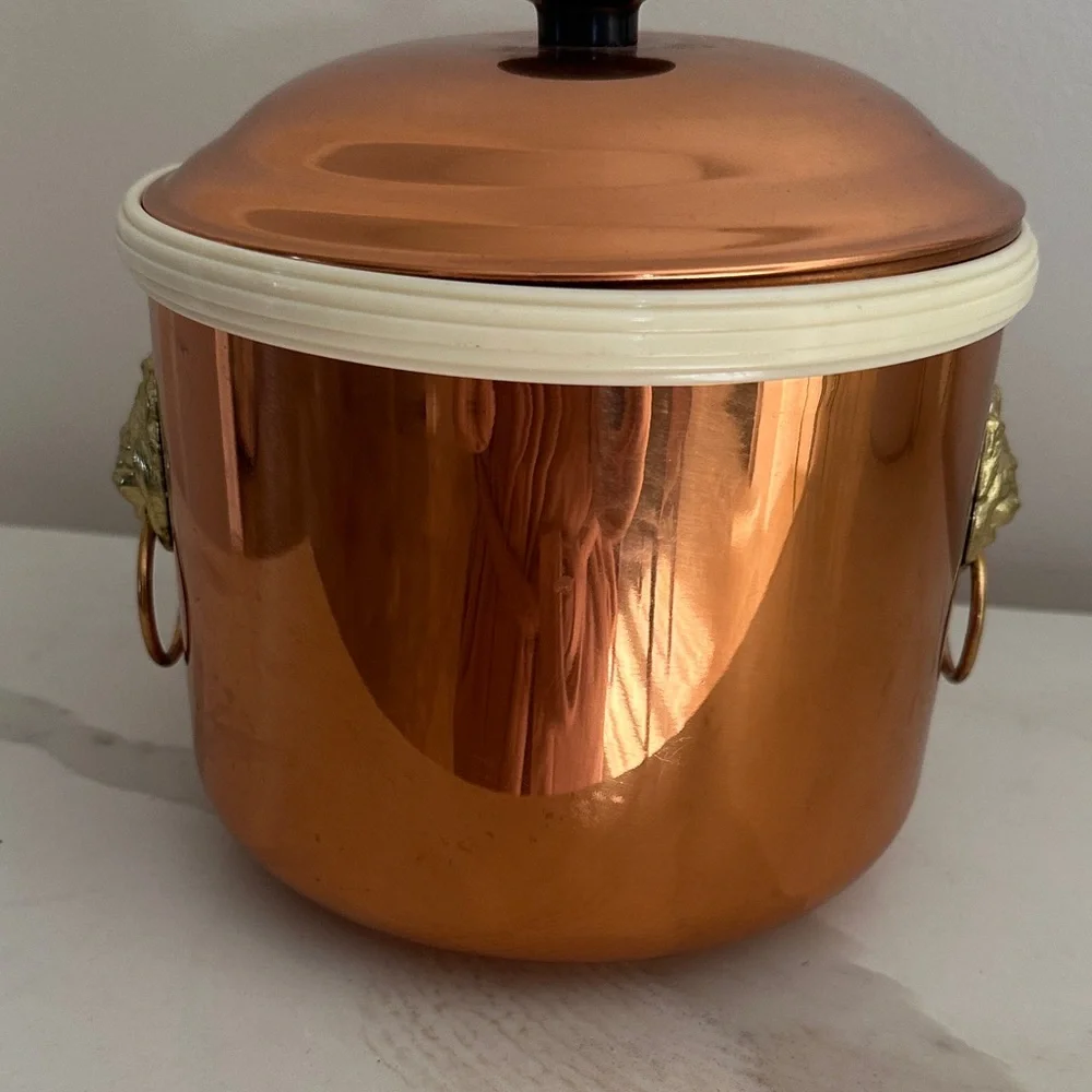 vintage Copper Ice Bucket with Gold brass lion head ring handles black knob lid